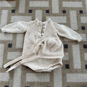 Quincy Mae Cream Knit Baby Romper with Matching Bonnet